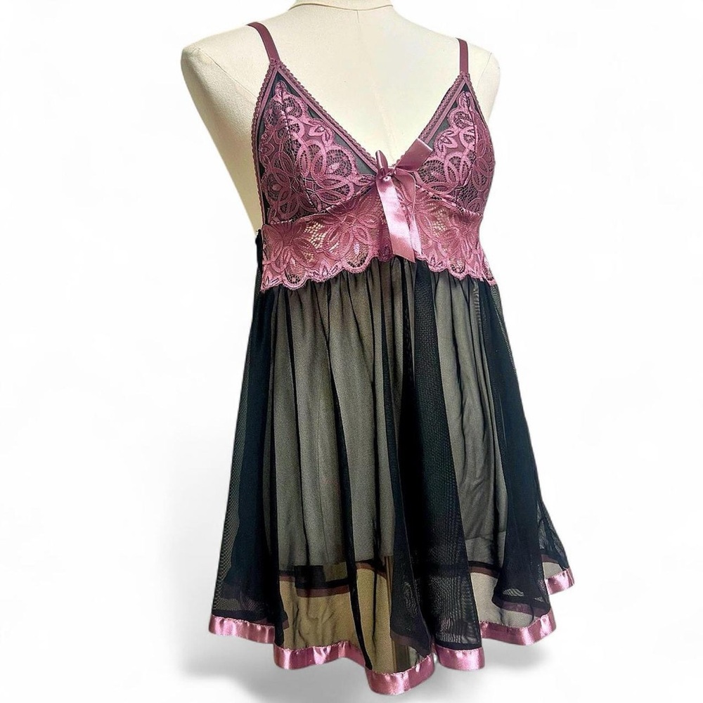 Purple black sheer lace lingerie dress with bow ribbon detail goth gift spring